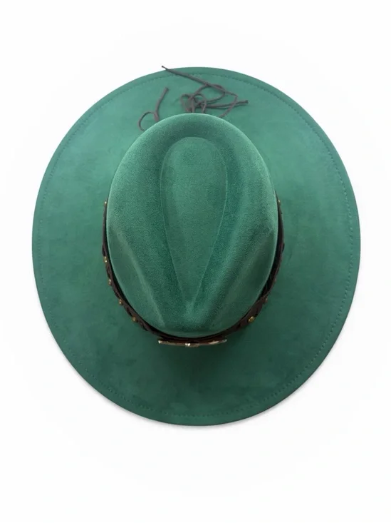 Emerald Green,Wide-Brim Felt Fedora with Studded Leather Band, OS - Picture 5 of 7